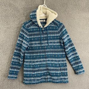 L.L. Bean Jacket Women M Petite Blue Fair Isle Sherpa‎ Hooded Full Zip